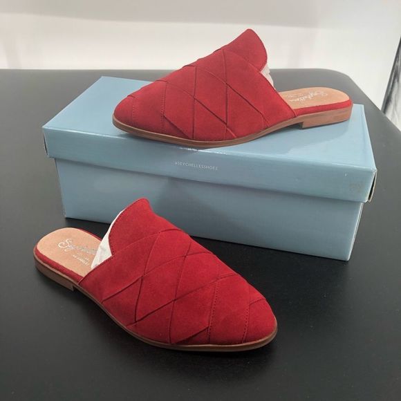 Seychelles Existence Red Suede Basket Weave Flat Mules New in Box - Picture 4 of 13
